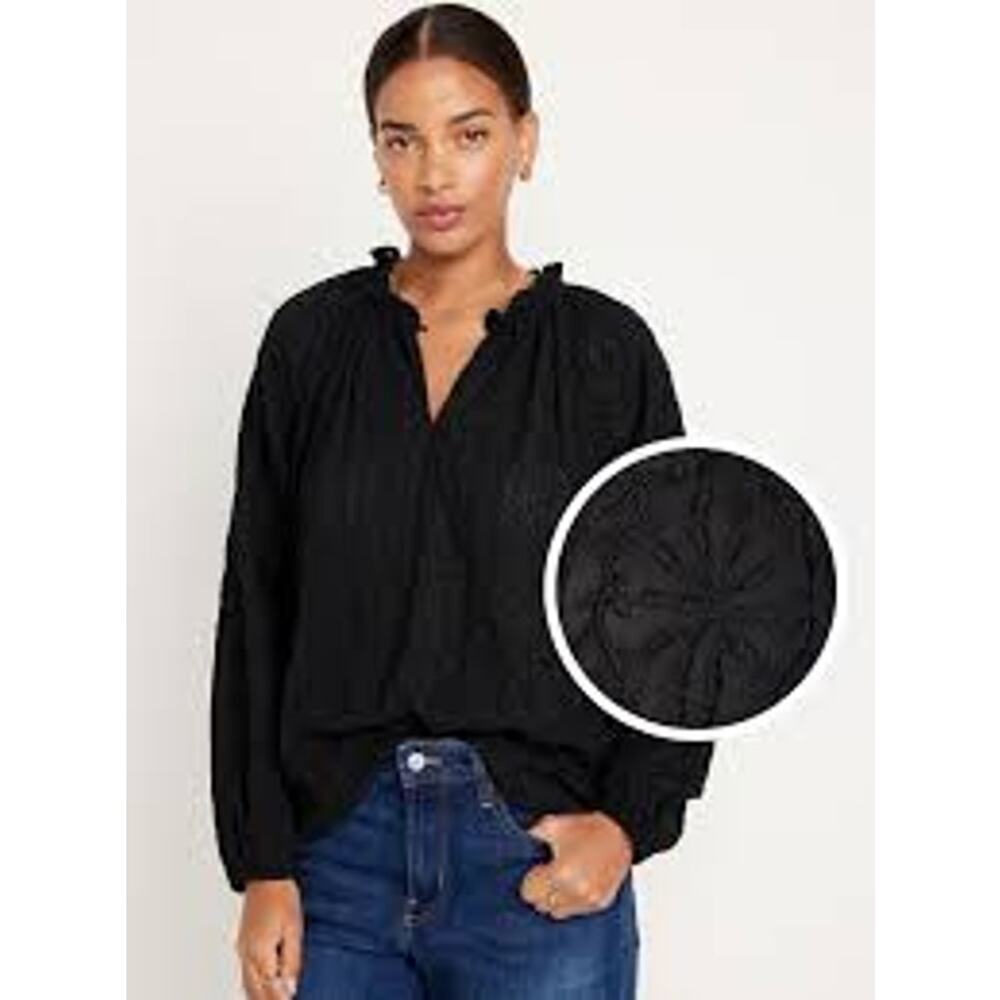 Old Navy Black Lace Ruffle Neck Split Neck Top Xl
